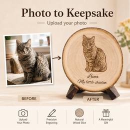 Photo to keepsake example showing a cat photo transformed into a laser engraved personalized wood slice gift.