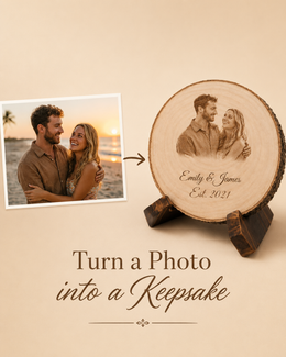 Personalized photo wood slice with custom couple portrait engraving, names, and date displayed on a wooden stand.