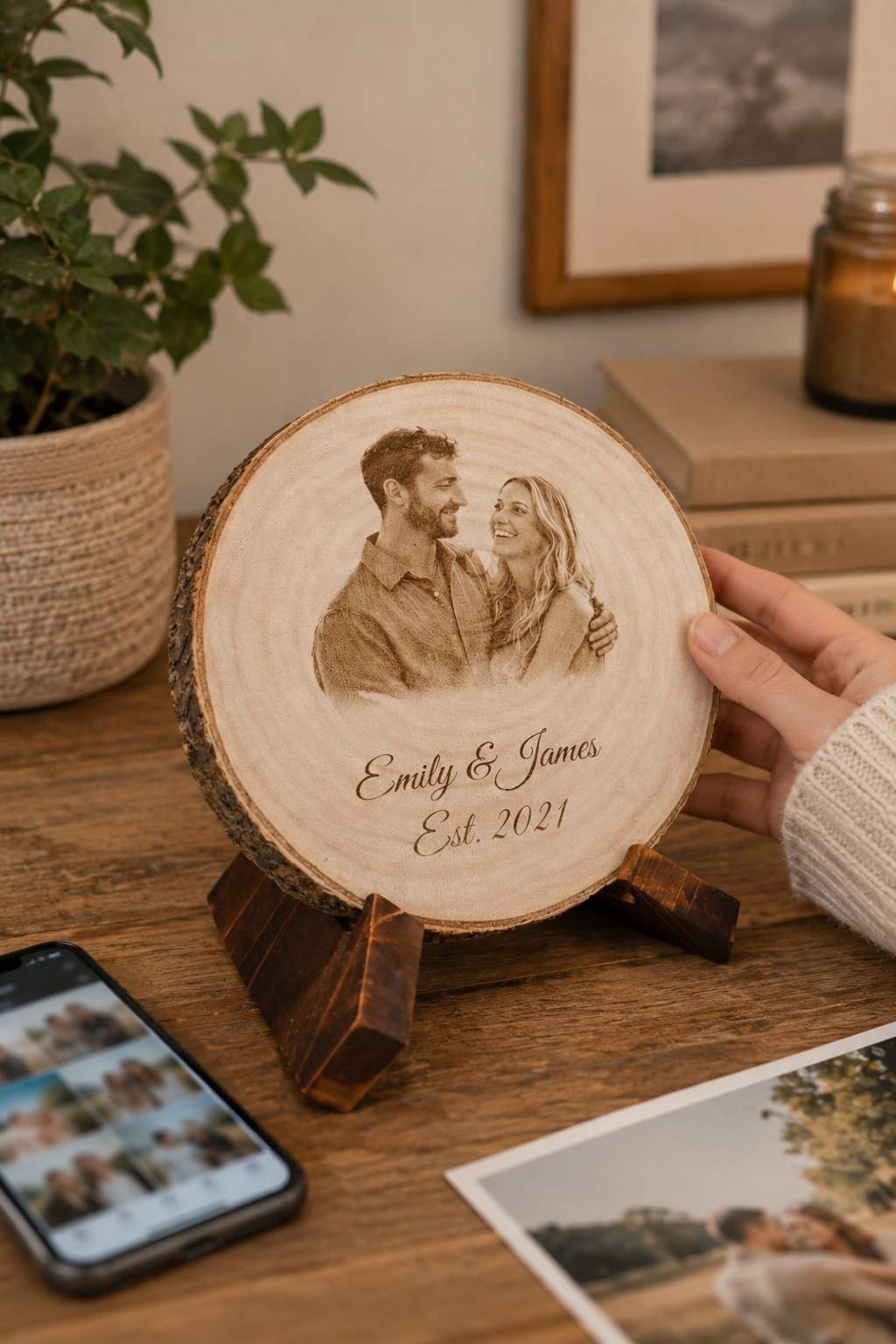 ideo showing a personalized couple photo wood slice with custom laser engraving, names, date, and wooden display stand.