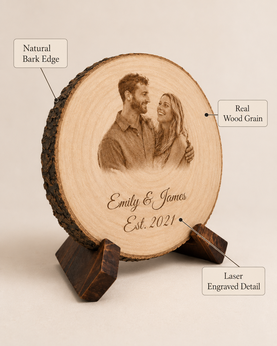 Natural bark edge, real wood grain, and laser engraved detail shown on a personalized photo wood slice keepsake.