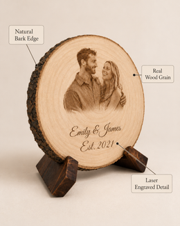 Natural bark edge, real wood grain, and laser engraved detail shown on a personalized photo wood slice keepsake.