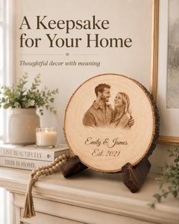 Personalized engraved wood slice displayed as rustic home decor for couples, anniversaries, weddings, or special memories.